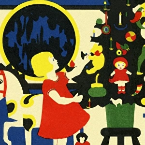 Art deco style children playing round an Xmas tree