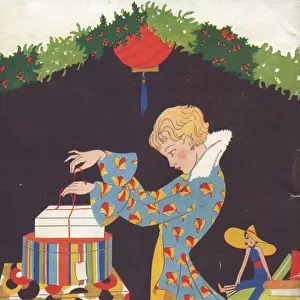 Art deco style illustration showing a lady wrapping a variety of colourful Christmas