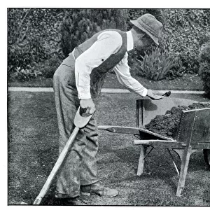 Arthur Trower gardening, with robin on wheelbarrow