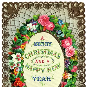 Assorted flowers on a Christmas and New Year card, with a decorative gold and white border. Date: circa 1890s