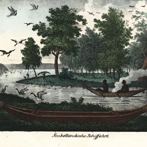 Australian aborigines paddling a canoe, others