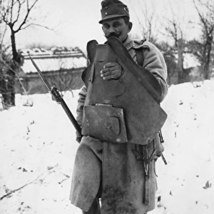 Austrian soldier with defence shield, Galicia, WW1