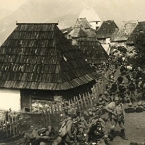 Austrian troops marching through Medice, Bosnia, WW1