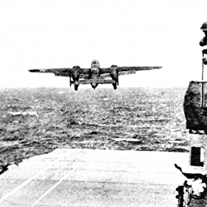 B-25 Mitchell Bomber taking off from Hornet; Second World