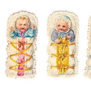 Babies in cradles on three Victorian scraps