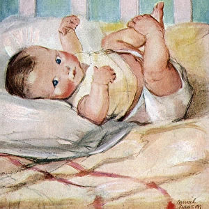 Baby in a cot by Muriel Dawson