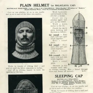 Balaclava and sleeping cap knitting patterns, WW1