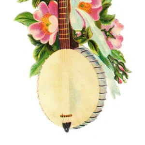 Banjo with pink flowers on a Victorian scrap