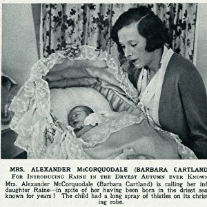 Barbara Cartland with newborn daughter, Raine