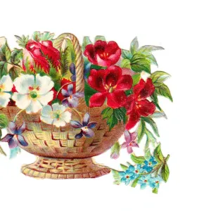 Basket of assorted flowers on a Victorian scrap