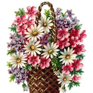 Basket of assorted flowers on a Victorian scrap