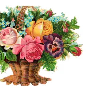 Basket of assorted flowers on a Victorian scrap