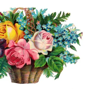 Basket of assorted flowers on a Victorian scrap