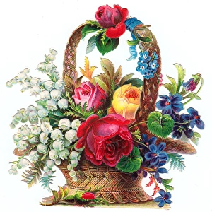 Basket of flowers on a Victorian scrap