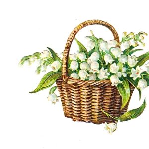 Basket of lilies of the valley on a Victorian scrap