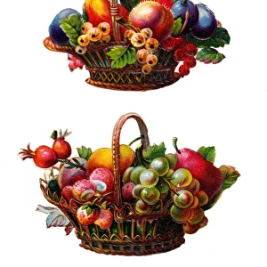 Baskets of fruit on three Victorian scraps