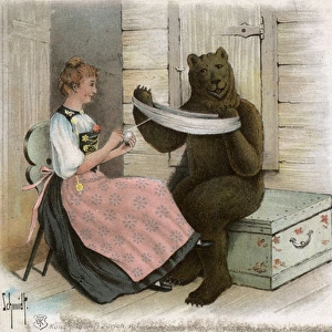 The Bern Bear helps a Swiss woman with her yarn winding