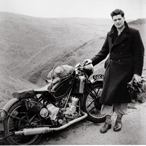 Biker with his 1938 Scott motorcycle