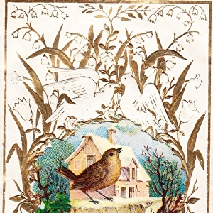 Bird and cottage on a Christmas and New Year card