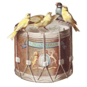 Birds on a drum-shaped Christmas card Birds on a drum-shaped Christmas card