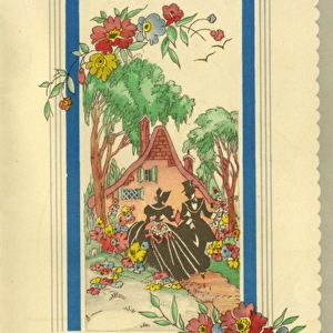 Birthday card, Man and woman in a garden