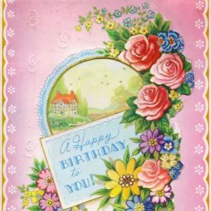 Birthday card with pink roses and rural scene