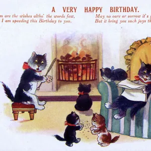 Birthday Greetings postcard - A family of Cats at home