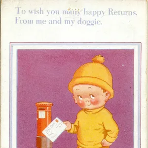 Birthday postcard, Little boy, dog and pillar box