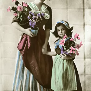 Birthday postcard, woman and girl with flowers