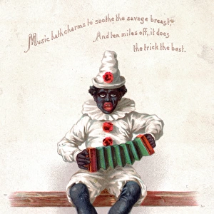 Black clown playing concertina on a Christmas card