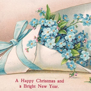 Blue flowers on a Christmas and New Year postcard