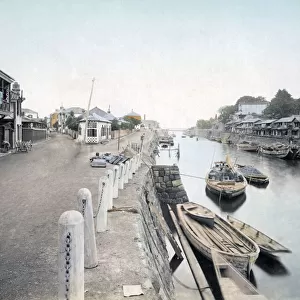 Boats in the creek, Yokohama, Japan, circa 1880s. Date: circa 1880s