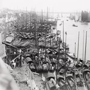 Boats tied up along Yangtze River, China, c. 1910