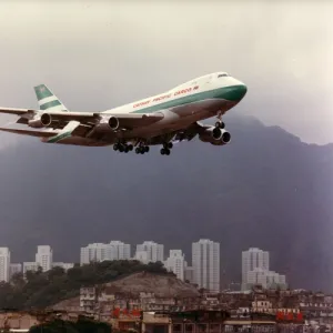 Boeing 747 of Cathay Pacific over Kai Tak Airport, Hong Kong