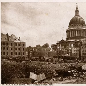 Bomb damage, London, St Pauls Cathedral from Paternoster Row