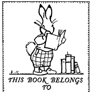 Bookplate design, rabbit and books