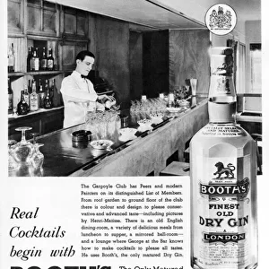 Booths Dry Gin advertisement at Gargoyle club
