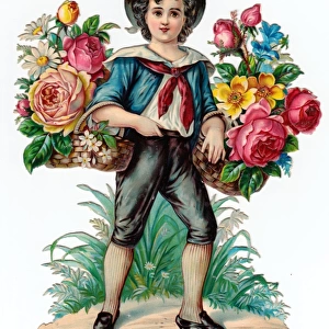 Boy with baskets of flowers on a Victorian scrap