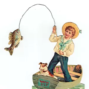 Boy and dog in a boat on a cutout greetings card