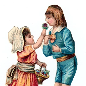 Boy and girl with a basket of flowers on a Victorian scrap