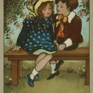 Honeysuckle Print: Boy and Girl on Bench Honeysuckle Print: Boy and Girl on Bench