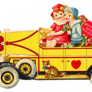 Boy and girl in a car on a cutout Valentines card