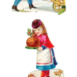 Boy, girl and clown on three Victorian Christmas scraps