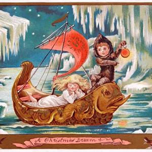 Boy and girl in a fantasy boat on a Christmas card