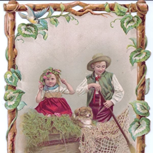 Boy and girl in fishing boat on a Christmas card