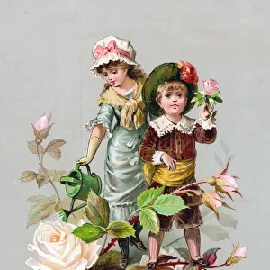 Boy and girl with flowers on a Christmas card