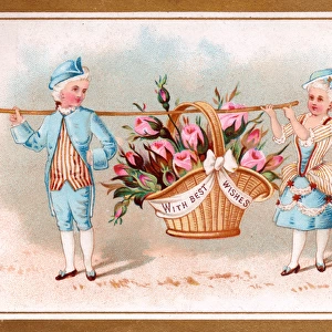 Boy and girl in historical costume on a Best Wishes card
