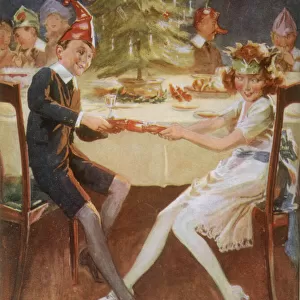 Boy and girl in paper hats pull a cracker at the party table Date: circa 1929