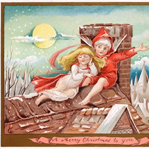 Boy and girl on a rooftop on a Christmas card