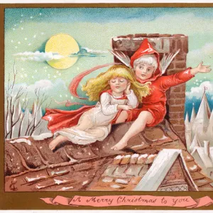 Boy and girl on a rooftop on a Christmas card